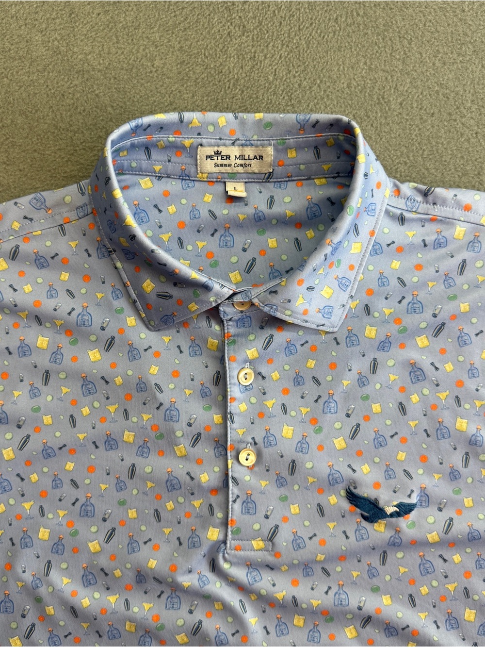 Peter Millar Summer Comfort Polo Shirt Large Mens Drink AOP Eagle Golf Club Blue